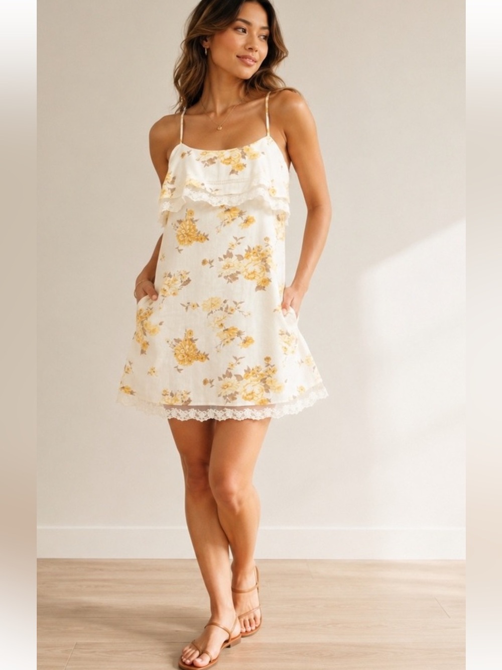 Universal thread NWT L White Yellow Floral Lace-Trim LINEN BLEND POCKETS DRESS